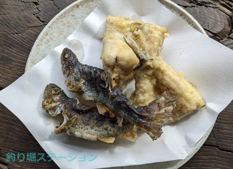 広島県「つり堀亭にしむら」で調理してもらったアマゴの唐揚げと天ぷら
